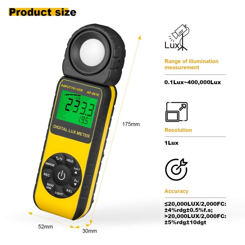 AOPUTTRIVER Digital Illuminance Light Meter,0.01~300,000 Measurement Range Lux Meter Foot Candles Luxmeter with 270Âº Rotated Sensor for Indoor Outdoor Light Meters for Plants (AP-881E) - Image 3